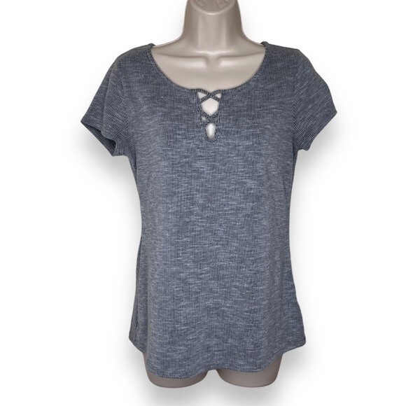 Modcloth Crisscross Notch Ribbed Tee Shirt Black White Stripe Women Medium Gray - Picture 1 of 11